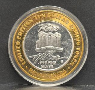 1-OZ Solid Silver Hilton Reno Limited Edition $10 Gaming Token, Rock 'n Roll, .999 Fine Silver