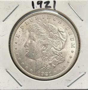 1921 Morgan Silver Dollar Coin, United States Mint, Philadelphia Mint, 90% Silver