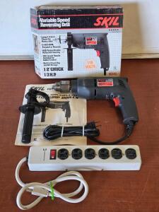 Vintage Skil Variable Speed Reversing Electric Drill in Original Packaging & Heavy Duty Power Strip