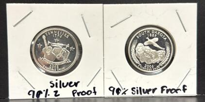 2002 Tennessee & 2006 South Dakota Silver Proof Quarters, 90% Silver