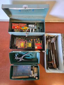 Vintage Metal Toolbox w/ Staple Guns & Staples , Hammers & Vintage Hand Rivets