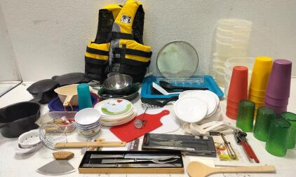 Assorted kitchenware and lifejacket