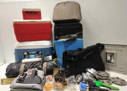 Igloo coolers, plastic tarp rolls, cassette tape splicer, suitcases and more