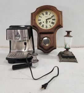 (1) Krups XP4030 Espresso Machine W/ Portafilter And Tamper (1) Antique Oil Lamp Painted Base (1) Vintage Centurion 35 Day Wall Clock
