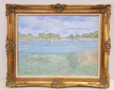 (1) 50"L X 40"H Boats on Water by Helen Cuthbertson 84' Canvas Painting W/ Ornate Frame