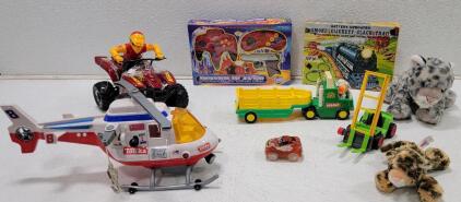 (1)Vintage Smoke Clickety Clack Train (1) Power Player '90s Super Joystick TV Game Controllers N64 Nintendo NES (1) EZTEC Professional Street FX Racing Team Fighter r/c ATV 4x4 w/Rider (1)Vintage Buddy L Toy Tractor with a trailer attachment