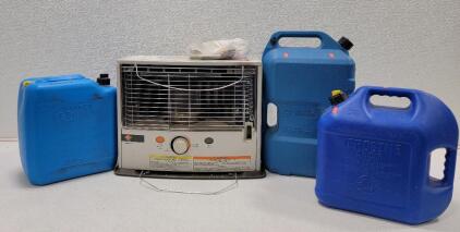 (1) Kero-Sun Radiant 40 Kerosene Heater (3) 5 Gal. Kerosene Jugs