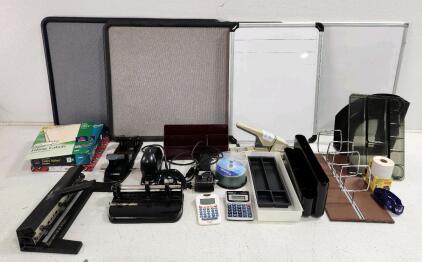 (2) 36" Poster Bulletin Boards (1) 18" White Board (1) 35 1/2" White Board And Assorted Office Supplies