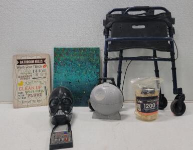 (1) Hot Wheels Star Wars Death Star Play Case (1) Star Wars Darth Vader Electronic Voice Changer Mask (1) Invacare Rolling Walker w/Seat (1 set) Car Floor Mats (1) Tarbust 1200 Premium Filters