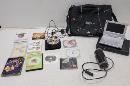 (1) Proton Portable DVD Player, no power supply (1) Philips DVD Player,tested powers on (1)Mobile Power, Power Inverter, unable to test (1) High Sierra Messenger Bag and assorted DVDs and Software (Madagascar 2, Return of the Jedi, Underworld, OH Brother,