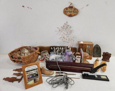 (1) Vintage Wood Jewelry Armoire (2) Eagle Bookends (1) Floating Shelf Crown Molding Mantel And More