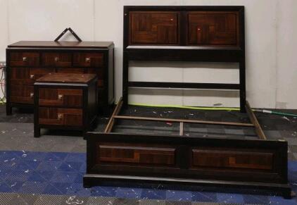 Walnut & Burl Queen Size Bed Frame, 52"x 19"x 35" Matching 7-Drawer Dresser, & 24"x 17"x 25" Matching 2-Drawer Nightstand Bed Set
