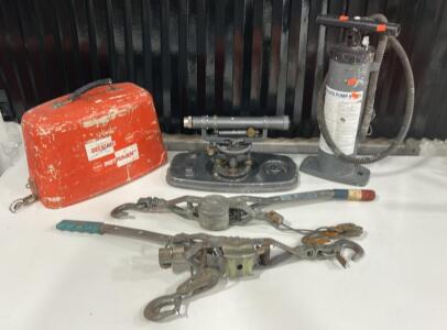 (1)NRS Wonder Pump 6 (2)Come-a-long Ratchets (1)Vintage David White Surveyor's Transit
