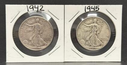 1942 & 1945 Walking Liberty Half Dollars, 90% Silver, Mint Mark S