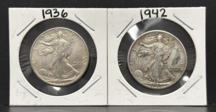 1936 & 1942 Walking Liberty Half Dollar Coins, 90% Silver, Denver Mint Mark