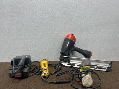 (1) Master Mechanic Sander (1) DeWALT Angle Grinder (1) RYOBI Sander (1) Nail gun