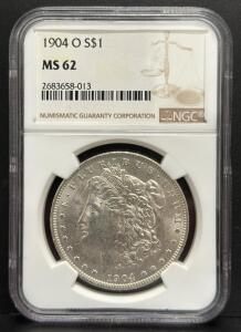 1904 O Morgan Dollar, MS 62, NGC Certified, Silver