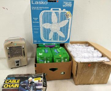 Fan, incontinence diapers, titan therm-o-dial heater, acco weed cable chain, wheel chair