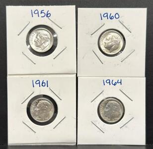 Roosevelt Dime Set, 1956, 1960, 1961, 1964, 90% Silver, U.S. Mint
