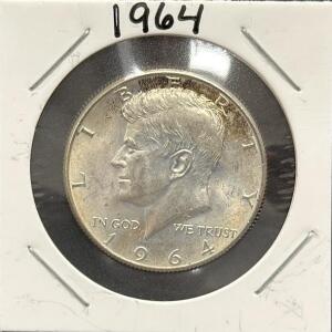 1964 Kennedy Half Dollar Coin, 90% Silver, No Mint Mark Visible
