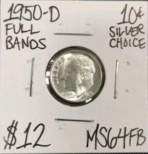1950-D MS64FBL Full Bands Silver Roosevelt Dime