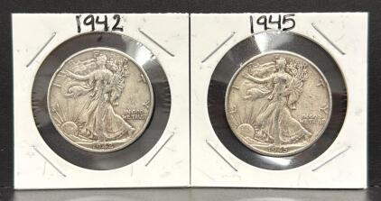 1942-D & 1945-S Walking Liberty Half Dollar Coins, 90% Silver, U.S. Mint