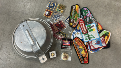(1) Vintage 20 Year Boy Scout Pin (1) Vintage Boy Scouts of America Aluminum Cookware & Assortment of Boy Scout Patches