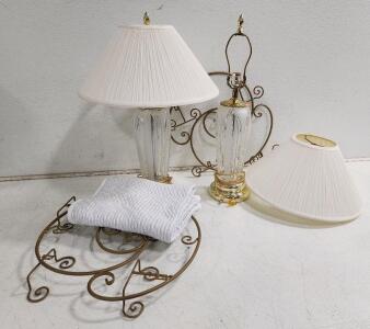 (2) Crystal Clear Handcut 24% Lead Crystal Lamps W/ Shades (2) Swirling Metal Wall Decor (1) Light Gray Lap Blanket