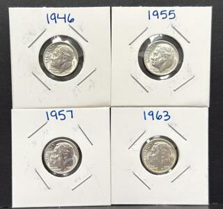 1946, 1955, 1957, 1963 Roosevelt Dimes, Silver Coins, United States