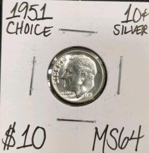 1951 MS64 Choice Silver Roosevelt Dime