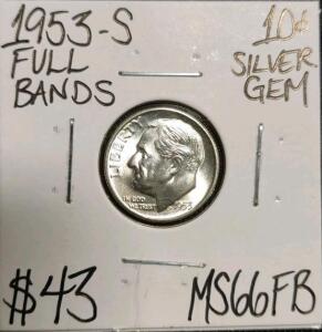 1953-S MS66FB Full Bands Gem Silver Dime