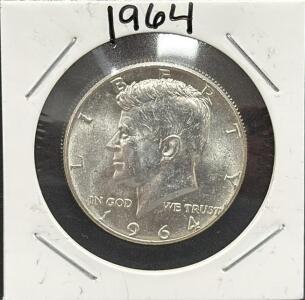 1964 Kennedy Half Dollar, 90% Silver, No Mint Mark, Presidential Seal Design