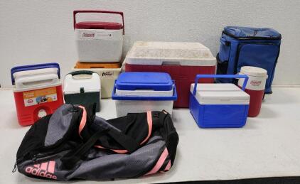(6) Assorted Coleman Coolers (1) Igloo Beverage Cube (1) Mini Thermal Cube (1) Adidas Duffle Bag (1) Soft Sided Rolling Cooler