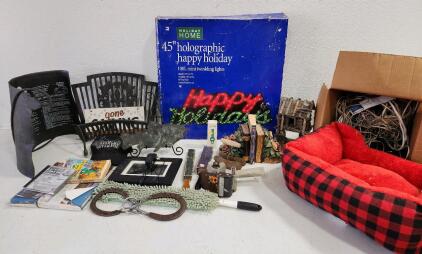 (1) Holiday Home 45" Holographic Happy Holiday (2) Book And Roses Bookends (1) Vintage Two Bladed Food Choppers (1) J.A. Henckels Solingen Straight Razor And More