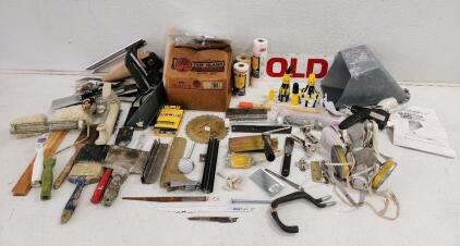 (1) Box of 2 1/2" Nails (1) DeWalt 18 GA 1/4" Narrow Crown Staples And Assorted Tools And Painting Supplies