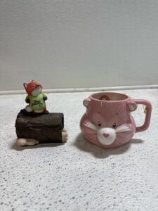 (1) Vintage Hallmark Shirt Tales Ceramic Figurine Fox Foxy Hideaway Trinket Box & (1) Care Bears Vintage 1984 Ceramic "CheerBear" Coffee Cup Mug American Greetings