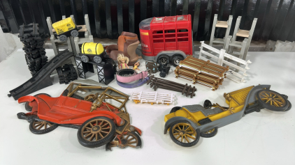 (11) Assortment of Farm Toys (2) Old Car Wall Art (1) Train Car Set