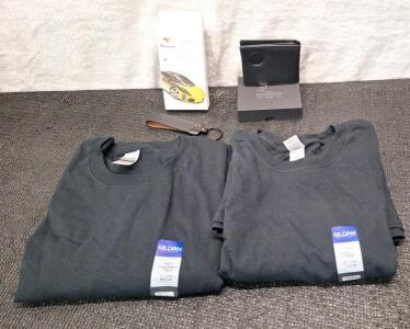 (1) Plozoe Auto Power Adapter, (1) Key Holder, (1) Leather Wallet & (2) Gildan Adult Long Sleeve Shirts, Black, Size 2XL<br/>