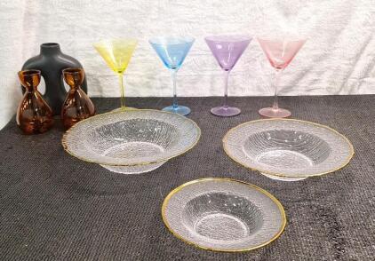 (1) 4-Piece Colored Martini Glass Set, (1) 3-Piece Gilded Glass Bowl Set, (2) Amber Glass Pear Shaped Vases & (1) Black Ceramic Vase