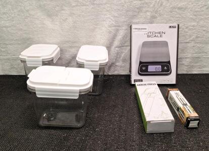 (1) 3-Piece Food Tank Crisper Container Set, (1) Digital Kitchen Scale, (1) Garlic Press & (1) Pepper Mill