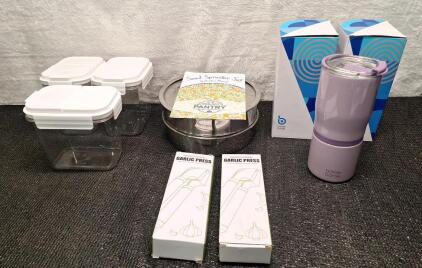 (1) 3-Piece Food Tank Crisper Container Set, (1) Seed Sprouter Set, (2) Garlic Presses & (2) 2-Piece Insulated Bottle/Mug Sets