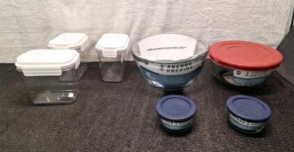 (1) 3-Piece Food Tank Crisper Container Set & (1) 4-Quart Anchor Hocking Mixing Bowl, (1) 2.5-Quart Anchor Hocking Mixing Bowl W/Lid & (2) 1-Cup Anchor Hocking Bowls W/ Lids