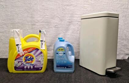 (1) 117-FL Oz Bottle Of Tide Laundry Detergent, (2) 67.6-FL Oz Bottles Of Febreze Refill, Original Scent & (1) Small Hands Free Wastebasket