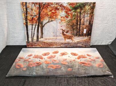 (2) Canvas Wall Art Prints, (1) Deer In Autumn Forest, 24"T x 36"L & (1) Poppy Field, 20"T x 40"L