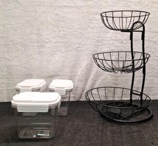 (1) 3-Piece Food Tank Crisper Container Set & (1) 3-Tier Fruit/ Vegetable Basket