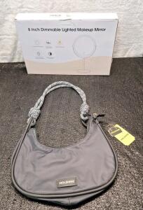 (1) 8-Inch Dimmable Lighted Makeup Mirror & (1) molshine Crescent Handbag, Grey<br/>