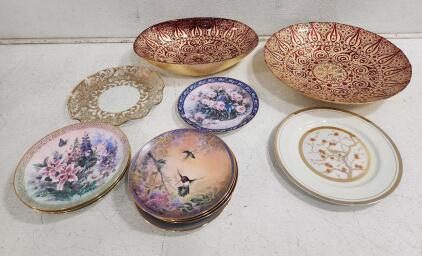 (1) Handmade Turkish Painted Glass Serving Oval Bowl W/ Metal Bottom (1) Handmade Turkish Painted Glass Serving Platter W/ Metal Bottom (3) Bradford Exchange Nature's Little Treasure Collection Plates And More