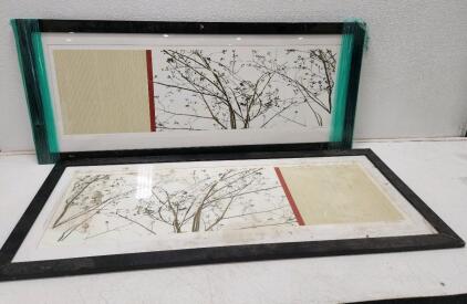 (2) 25"H X 59 3/4"W Framed Japanese Style Blossom Tree Painting by Janet Van Arsdale
