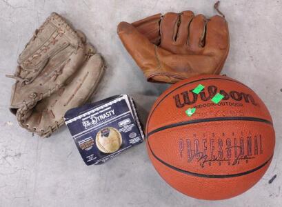 (1) New York Dynasty Autographed Baseball, (1) Vintage Genuine Cowhide Baseball Mit, (1) Baseball Mit-Used & (1) Wilson-Michael Jordan Professional Basketball Ball