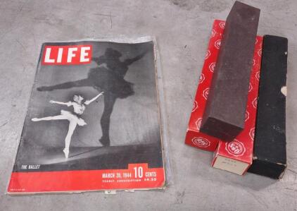 (1) 14"x 10&frac12;" Life Magazine from March 20, 1944, Titled "The Ballet" & (4) Assorted Perforated Paper Rolls Used In Player Pianos To Reproduce Music